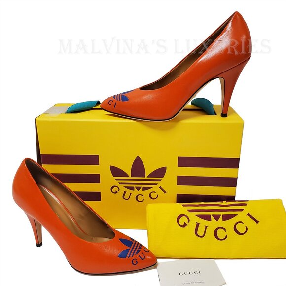 GUCCI SHOES ADIDAS X TREFOIL ORANGE LEATHER PUMPS w LOGO sz 37 / 7 - Picture 4 of 16